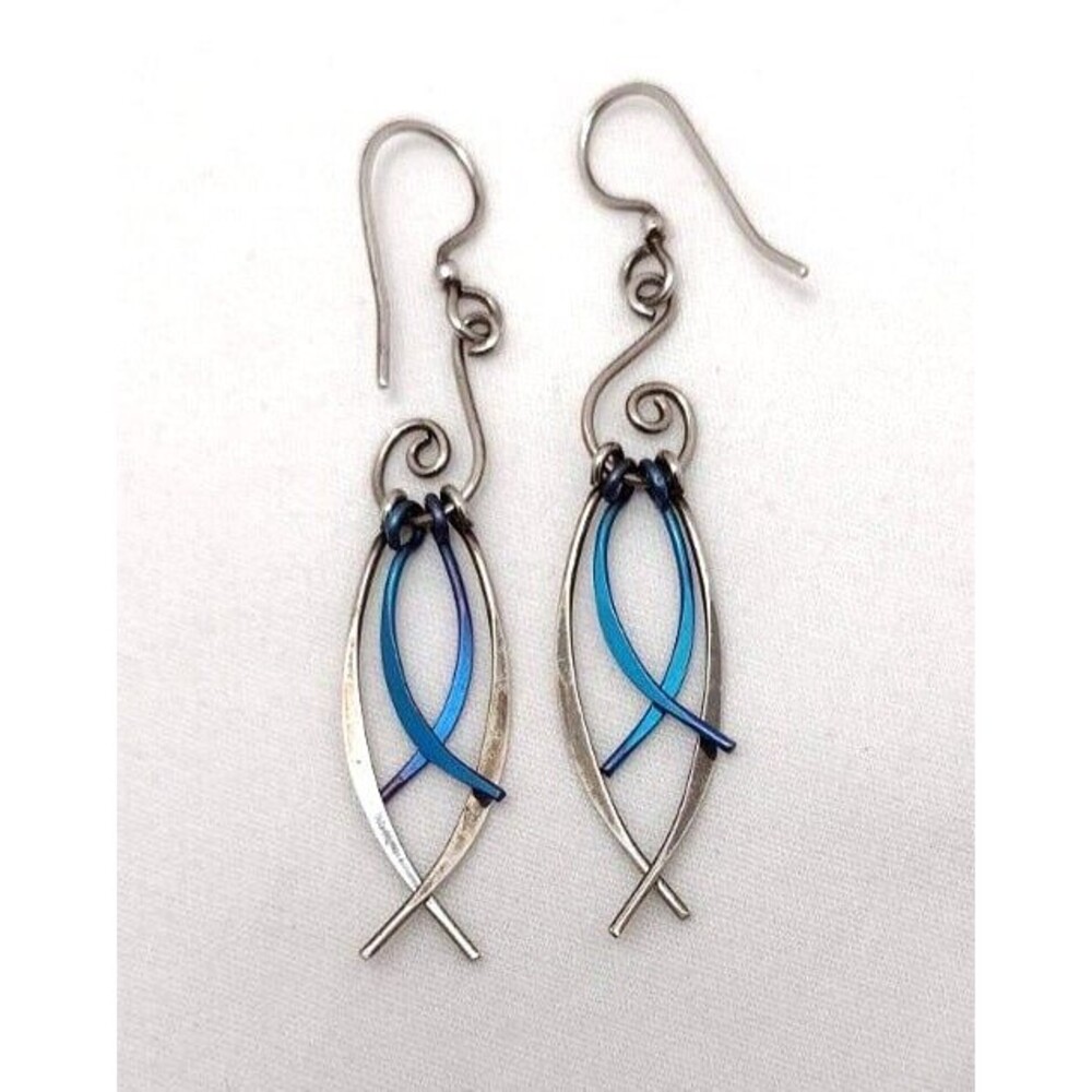 Vintage Sterling Silver & Blue Niobium Drop Dangle Boho Earrings 2"